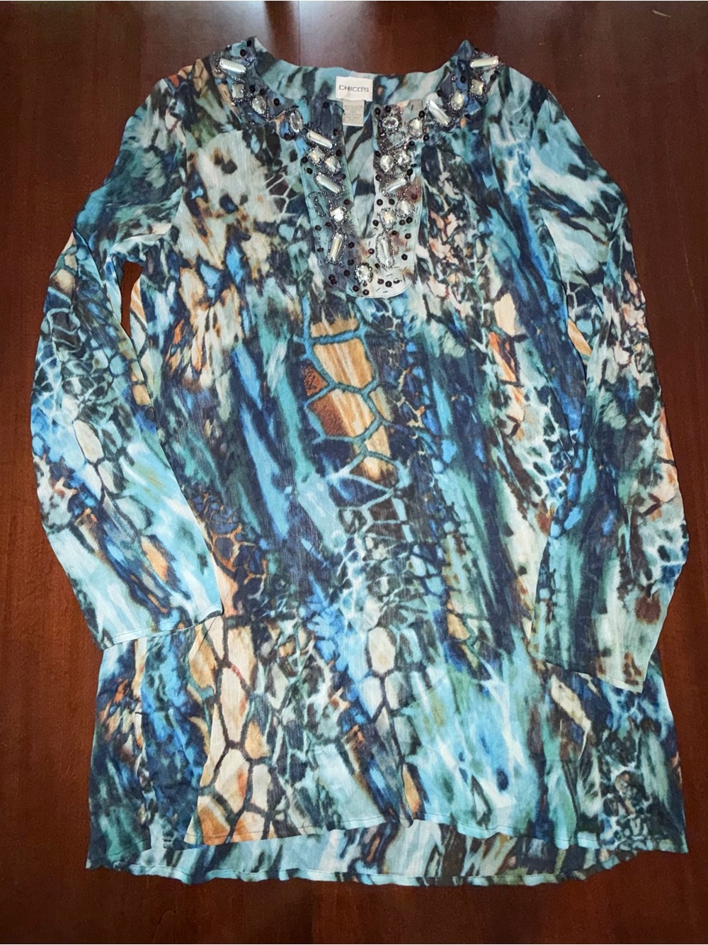 Chico’s Jeweled Embellished Blue Abstract Tunic 1X Rhinestone Beaded